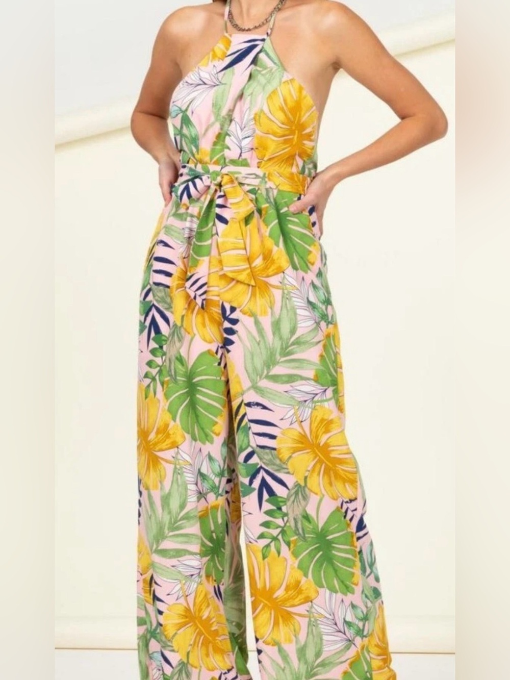 HYFVE Pink Halter Tropical Print Jumpsuit with Yellow & Green